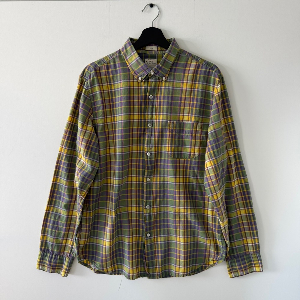 J.Crew Mens Indian Madras Slim Fit Plaid Button Down Shirt Green Yellow L AX419